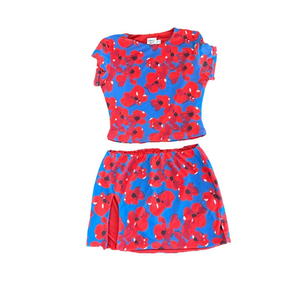 Princess Polly Red Floral Crop Top & Blue Mini Skirt Set